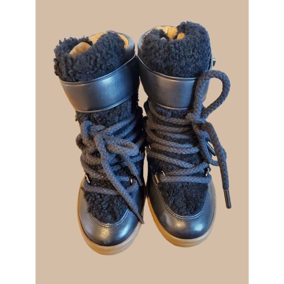 Coach Shoes - NWOT! Coach Monroe Shearling Wedge Booties Black and Tan Size 5